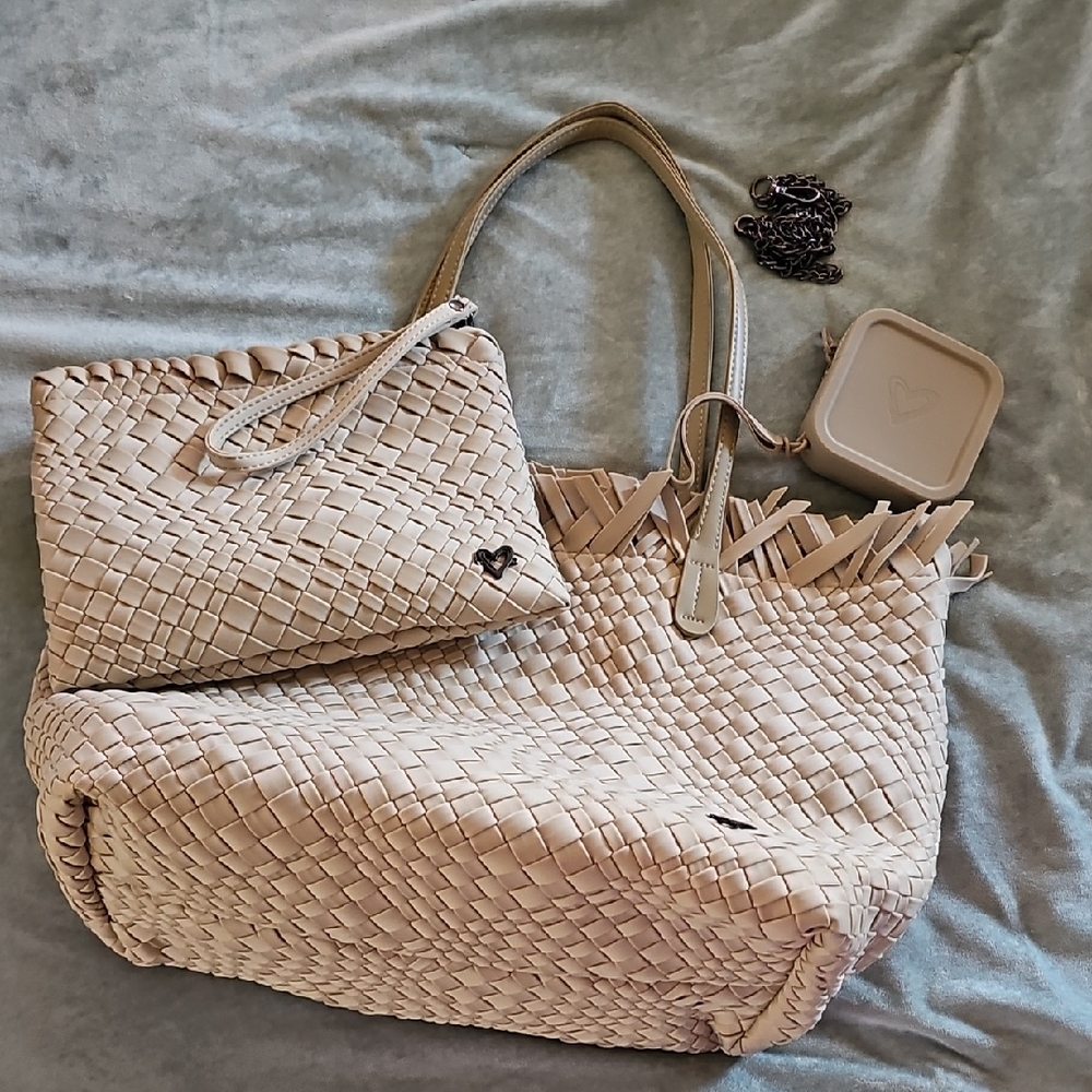 Chic Cream Woven Tote and Clutch Set